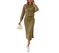 Kate Kasin Vestido de punto para mujer, suéter de dos piezas, manga larga, parte superior, falda, falda midi bodycon 2 piezas, vestido midi con cuello alto, marrón oscuro, S