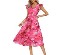 Kate Kasin Vestido de verano de mujer con mangas aleteo floral con cuello en v acampanado vestidos fluidos, rojo, L