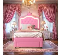 KatFash Cama Infantil 90 X 200cm,Cama Princesa Niña Tapizada con Marco de Cama Led,Single Kids Bed con Somier y Espacio de Almacenamiento,Cama Acolchada con Cajones y Cabecera,Rosa,PU