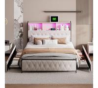 KatFash Cama Tapizada de 180x200cm con Almacenaje Cabecero y 4 Cajones y LED,Estructura de Cama Doble con Soporte de Láminas de Madera,Typ C y USB-Ports,Terciopelo,Beige