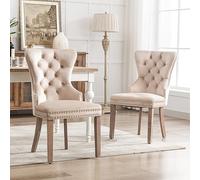 KatFash - Silla de comedor de terciopelo beige con tapa y tachuelas decorativas, patas de madera, 95 cm, juego de 2