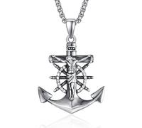 KATHLU Collar de ancla para hombre, plata de ley 925, colgante de ancla de Jesús, collar de joyería para regalo, 28mm/1.1 inch, Plata esterlina, Circonia cúbica