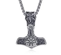 KATHLU Collar vikingo para hombre y mujer, plata de ley 925, diseño nórdico, martillo, león, brújula, punta de flecha, serpiente, lobo, calavera, animal, regalo vikingo, Medium, Plata esterlina, No es
