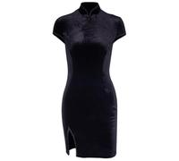 KATIAK Vestido Cheongsam para Mujer Terciopelo Gótico Mini Vestido Dividido Sexy, Negro Chino Tradicional Qipao Hebilla Vestido Ajustado De Manga Corta para Cóctel Clubwear Vestido De Noche para C