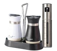 KATLKIU Salero y pimentero de cristal y acero con soporte y pulverizador de aceite 100 ml - Juego de tarros especias/dosificadores de especias para cocina, barbacoa y camping
