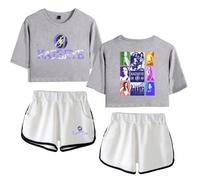 Katseye Conjunto De Top Corto Y Pantalones Cortos Conjunto De Pantalones Cortos Estampados De Manga Corta Camiseta Informal De Moda para Mujer-Grey1||x_s