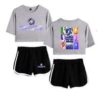 Katseye Conjunto De Top Corto Y Pantalones Cortos Conjunto De Pantalones Cortos Estampados De Manga Corta Camiseta Informal De Moda para Mujer-Grey2||x_s