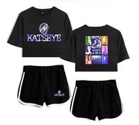 Katseye Conjunto De Top Corto Y Pantalones Cortos Conjunto De Pantalones Cortos Estampados De Manga Corta Camiseta Informal De Moda para Mujer-Black2||x_s