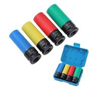 KATSU 1/2" Juego de Vasos de Impacto con Protectores para Llantas de Aluminio 4 Piezas 17, 19, 21, 22mm, Acero al Cromo Molibdeno, 85 mm Longitud, para Atornillador de Impacto