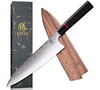 KATSU Cuchillo de chef de cocina, acero de Damasco, cuchillo de cocina japonés, mango de madera octogonal hecho a mano, 8 pulgadas, funda de madera y caja de regalo