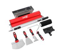 KATSU Tools Juego de 8 cuchillas para desnatar paneles de yeso, hoja de 60 cm + poste de extensión de aluminio + rodillo de pintura + cuchillo de masilla + raspadores de papel tapiz + bandeja de barro