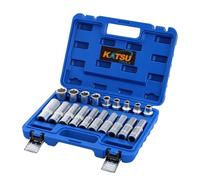 KATSU Tools - Juego de llaves de 19 piezas de 1/2 pulgadas (1/2 pulgadas), enchufe torx CR-V, tipo E E8 - E24, profundo y corto, estuche de plástico