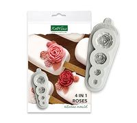 Katy Sue Molde de silicona 4 en 1 con diseño de rosas para decoración de pasteles y manualidades. Hace 4 formas de rosas 3D para usar con fondant, pasta de azúcar, resina y arcilla seca al aire de