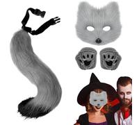 Katzenohren und Schwanz-Set, Ostern Stirnband Set mit Gesichtsaufkleber, Katzenohren katzenschwanz - Plüsch-Ohren, Anti-Plüsch Schwanz & Pfotenhandschuhe aus ABS, komplett für Cosplay & Halloween