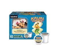 Kauai Coffee K-Cup Pods - Vainilla Macadamia Nut, 10 cápsulas K-Cup | Tostado medio, café arábica, 10 % hawaiano, para cafeteras Keurig, porción única, granos de vainilla con nueces de macadamia