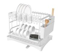 KAUITOPU Escurreplatos de 2 niveles, escurreplatos con soporte para palillos, estante para cuchillos, estante para tablas de cortar, para hogares, tiendas de leche, bares, cafés (blanco)