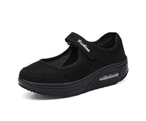 Kauson Mujer Zapatillas de Deporte Cuña Zapatos para Correr Plataforma Ligero Sneakers Adhesión rápida Calzado de Malla 4.5cm Negro Negro Rojo Gris 35-42