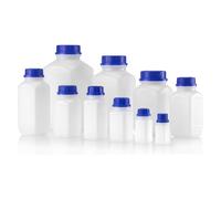 Kautex Serie 310 HDPE Botella de productos químicos cuadrados sin cierre, diámetro de rosca 45 mm, capacidad de 1000 ml, natural, 64 unidades