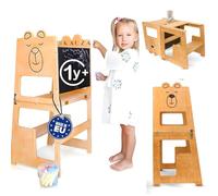 KAUZA Torre de Aprendizaje, Montessori 3 en 1 Plegable Taburete Antivuelco para Niños, Mesa para Pintar con Pizarra, Silla Multifuncional, Ayuda de Cocina, Aceite de Madera Natural, Capacidad 40 kg