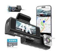 KAWA 4K Dashcam Delantera Trasera, AI-ISP Visión Nocturna, Tarjeta de 64GB Gratis, 4K+1080P Dual Camara para Coche, GPS Integrado, Pantalla IPS 3.16, AI 24H Detección de Movimiento,D10