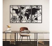 KAWA METALWORKS Arte de pared de metal con mapa del mundo, juego de 3 esculturas de mapa grande, decoración moderna de pared de mapa del mundo para sala de estar, obra de arte de metal para decoración