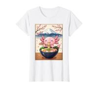 Kawaii Axolotl Comiendo Ramen Japonés Sakura Mount Fuji Anime Camiseta gráfica económica, Mujer, Blanco, XL