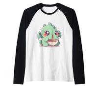 Kawaii Baby T-Rex Comiendo Ramen con Palillos Lindo Arte Camiseta Manga Raglan