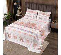 Kawaii Bear Coverlet Set M Size Niñas Rosa Bowknot Princesa Estilo Edredón Duradero para Niñas Adolescentes Hermosas Flores en Forma de Corazón Suave Poliéster Edredón Set con 2 Fundas de Almohada