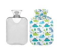 Kawaii - Botella de agua caliente escandinavo de dinosaurios azules y verdes con tapa, bolsa de agua caliente de 1 litro, compresa fría y caliente, alivio del dolor de cuello y hombros
