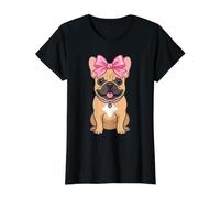 Kawaii Bulldog Francés Arco Rosa Coqueta Frenchie Camiseta gráfica económica, Mujer, Negro, XL
