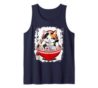 Kawaii Calico Cat Comiendo Fideos Ramen Arte Anime Japonés Camiseta sin Mangas