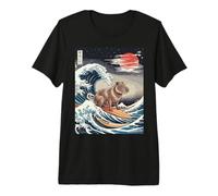 Kawaii Capibara Gran Ola Surfeando Estilo de Propaganda Japonesa Camiseta Premium