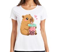 Kawaii Capybara Boba Bubble Tea - Camiseta para mujer, Blanco, XXL