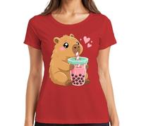 Kawaii Capybara Boba Bubble Tea - Camiseta para mujer, rojo, 3XL