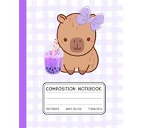 Kawaii Capybara Notebook with Boba Tea - Cute Purple Composition Book for Girls | Lavender Gingham | Wide Ruled, 120 Pages, 7.5 x 9.25 in: Adorable ... for Girls, Students, & Kawaii Stationery Fans