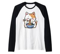 Kawaii Cat Eating Ramen Cartoon Anime Food Japan Lover Camiseta Manga Raglan
