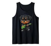 Kawaii Chibi Divertido Rottweiler Perro Guitarrista Rocker Anime Camiseta sin Mangas