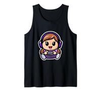 Kawaii Chibi Gamer Kid Lindo Adorable Video Juego Chica Púrpura Camiseta sin Mangas