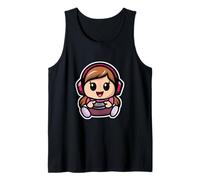 Kawaii Chibi Gamer Kid Lindo Adorable Video Juego Chica Rosa Camiseta sin Mangas