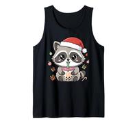 Kawaii Christmas Raccoon Drinking Boba Illustration Camiseta sin Mangas