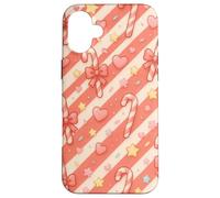 Kawaii Coquette Candy Cane Patrón de Navidad Corazones Pastel Estrellas Carcasa para iPhone 16 Plus