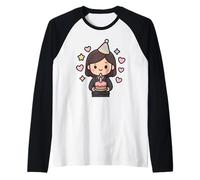 Kawaii Cumpleaños Mujer Trabajadora con Pastel - Celebración Camiseta Manga Raglan