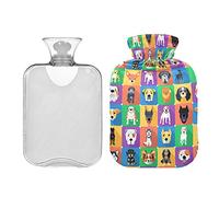 Kawaii Dogs Icon Botella de agua caliente colorida con tapa, bolsa de agua caliente de 1 litro, compresa fría y caliente, alivio del dolor de cuello y hombros