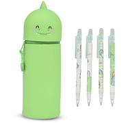 Kawaii Estuche Escolar de Silicona Blanda + 4 lápices de dibujo automáticos,Estuche Papeleria de Cremallera para Lápices de Colores Rotuladores para Niños Niñas - Dinosaurios