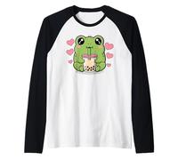 Kawaii Frog Boba Lover Illustration Camiseta Manga Raglan
