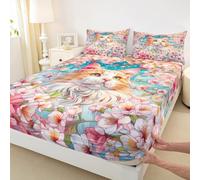 Kawaii Funda de colchón de gato tamaño L, hoja de ajuste natural de cielo azul floral rosa con 1 funda de almohada, lindo animal acuarela impresión poliéster colchón protección para niños, (sin hoja