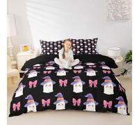 Kawaii Ghost Juego de edredón tamaño S, sombrero de bruja morado, corbata rosa, funda de edredón reversible para niños, niñas, dibujos animados, Halloween, linda ropa de cama negra con 1 funda de