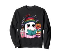 Kawaii Ghost Reading Book Lovers Halloween Café Mujeres Niña Sudadera