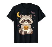 Kawaii Halloween Mapache Calabaza murciélagos Luna Chibi Lindo Camiseta gráfica económica, Hombre, Negro, XL