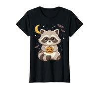 Kawaii Halloween Mapache Calabaza murciélagos Luna Chibi Lindo Camiseta gráfica económica, Mujer, Negro, XS